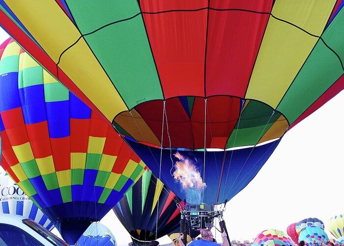 Multi Colored Hot Air Balloons Greeting Card featuring the photograph Balloon Fly In 2 by Karen McKenzie McAdoo