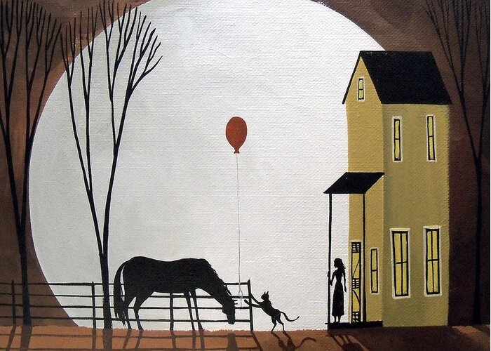 Folk Art Greeting Card featuring the painting Balloon Tag - cat horse girl moon folk art by Debbie Criswell
