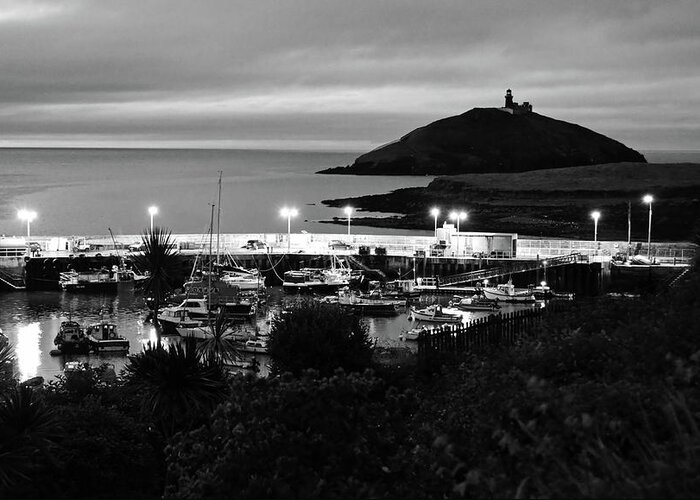 Travelpixpro Ireland Greeting Card featuring the photograph Ballycotton Ireland Marina Harbour and Lighthouse East County Cork Black and White by Shawn O'Brien