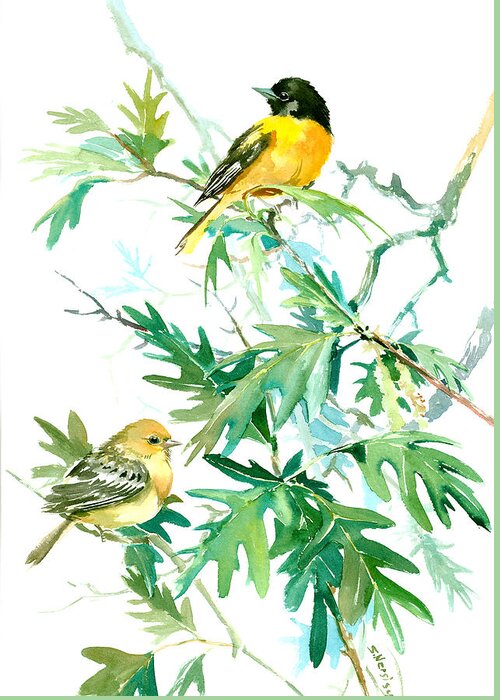 Baltimore Oriole Greeting Card featuring the painting Baltimore Orioles and Oak Tree by Suren Nersisyan
