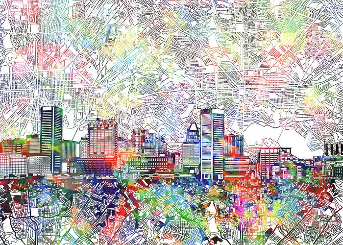 Baltimore Greeting Card featuring the painting Baltimore Skyline Watercolor 11 by Bekim M