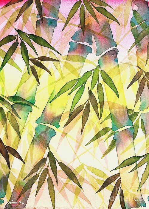 Nature Greeting Card featuring the painting Bamboo Sunrise by Frances Ku