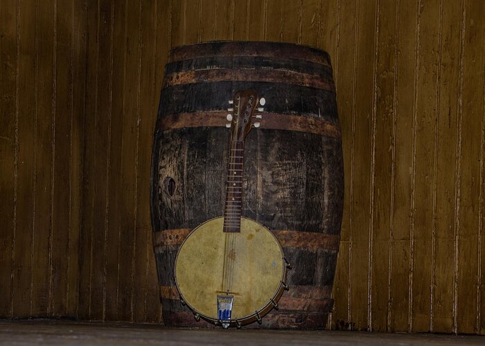Banjo Greeting Card featuring the photograph Banjo Mandolin and an old Beer Keg by Bill Cannon