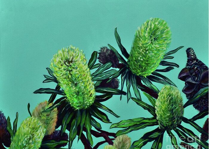 Banksia Greeting Card featuring the painting Banksias by Chris Hobel