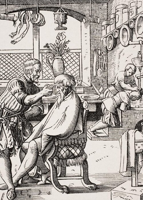 Black And White Greeting Card featuring the drawing Barber. 19th Century Reproduction Of by Vintage Design Pics