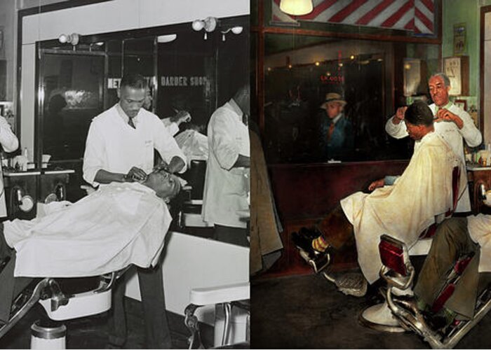 Barber Art Greeting Card featuring the photograph Barber - A time honored tradition 1941 - Side by Side by Mike Savad
