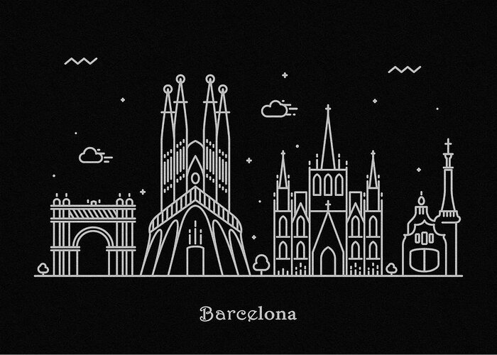 Barcelona Greeting Card featuring the drawing Barcelona Skyline Travel Poster by Inspirowl Design