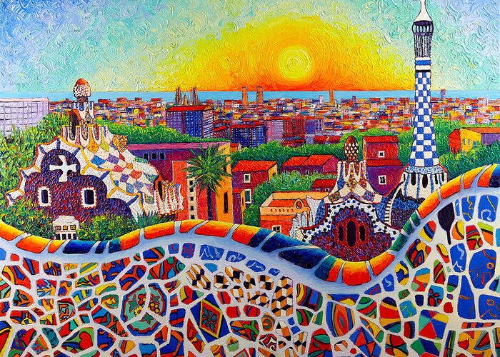 Barcelona Greeting Card featuring the painting BARCELONA SUNRISE COLORS FROM PARK GUELL modern impressionism knife oil painting Ana Maria Edulescu by Ana Maria Edulescu