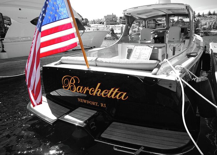Bay Harbor Boat Show Greeting Card featuring the pyrography Barchetta by Russell Todd