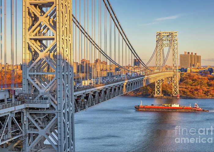 Architectural Greeting Card featuring the photograph Barge Passing Under the GWB by Jerry Fornarotto