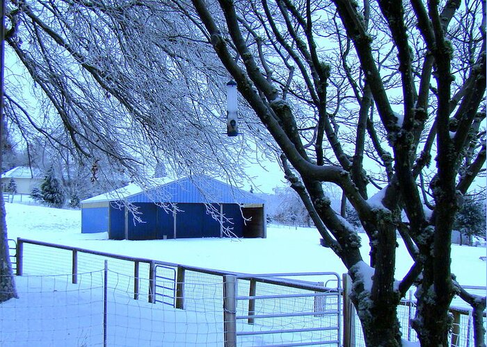 Snow Greeting Card featuring the photograph Barn in the snow by Lisa Rose Musselwhite