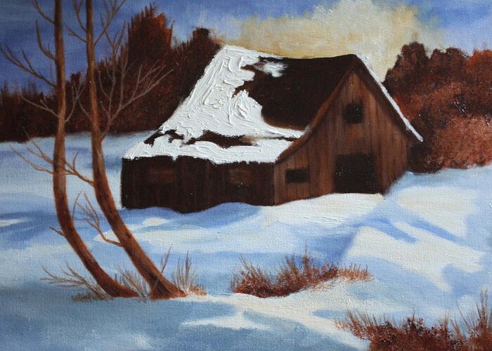 Kimber Butler Winter Scene Painitng Greeting Card featuring the painting Barn in winter by Kimber Butler