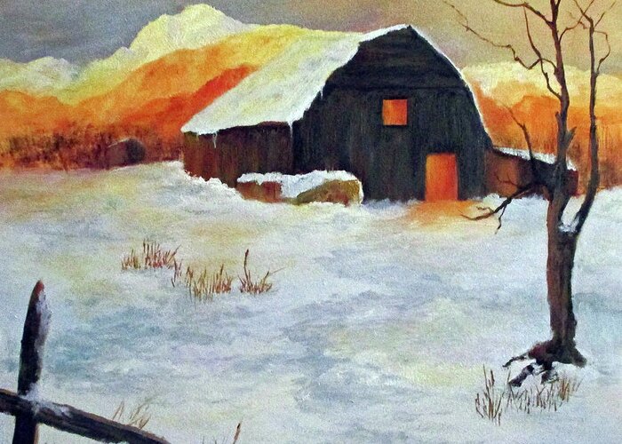 Landscape Greeting Card featuring the painting Barn in Winter by Roseann Gilmore