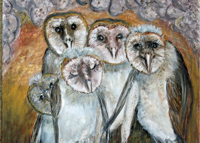 Animals Greeting Card featuring the painting Barn Owl Chicks In Cave by Lyric Lucas