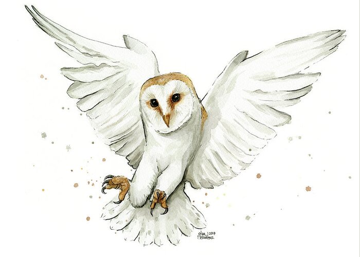 Owl Greeting Card featuring the painting Barn Owl Flying Watercolor by Olga Shvartsur