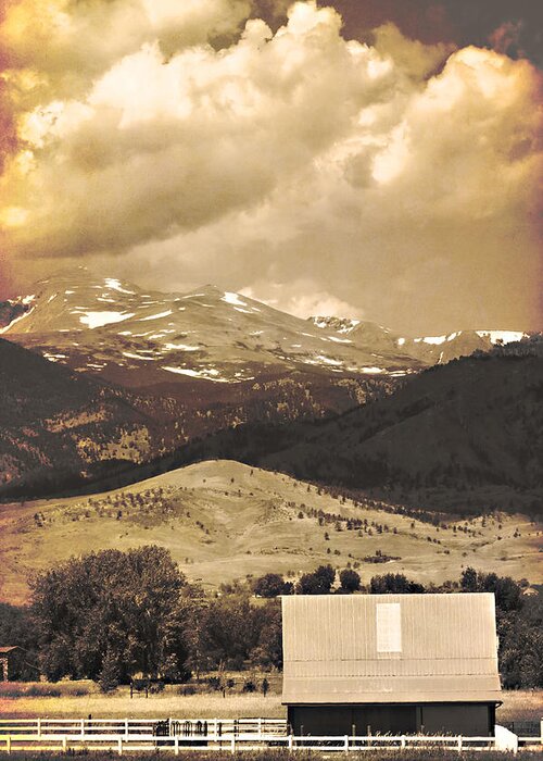 Rural Greeting Card featuring the photograph Barn with a Rocky Mountain View in Sepia by James BO Insogna