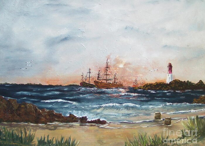 Barnegat Lighthouse Nj Beach Ocean Boats Ship Greeting Card featuring the painting Barnegat Lighthouse by Miroslaw Chelchowski