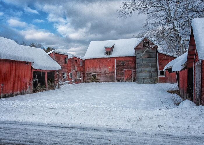 Williamsville Vermont Greeting Card featuring the photograph Barns In Winter II by Tom Singleton
