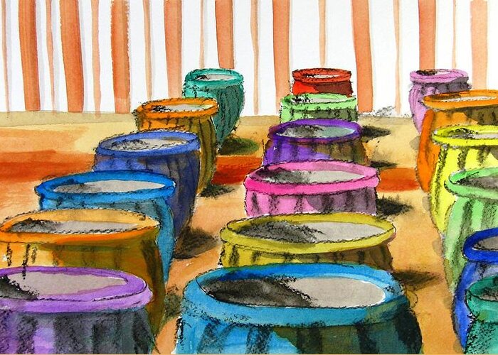 Barrels Greeting Card featuring the painting Barrels of Color by Vic Delnore