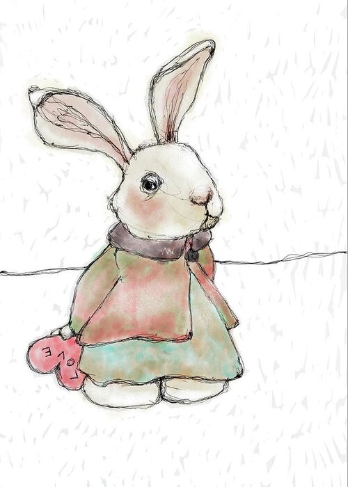 Bunny Greeting Card featuring the digital art Bashful Bunny by AnneMarie Welsh