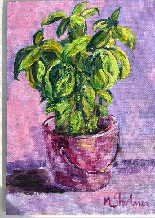 Basil Greeting Card featuring the painting Basil in a pink pail by Madeleine Shulman