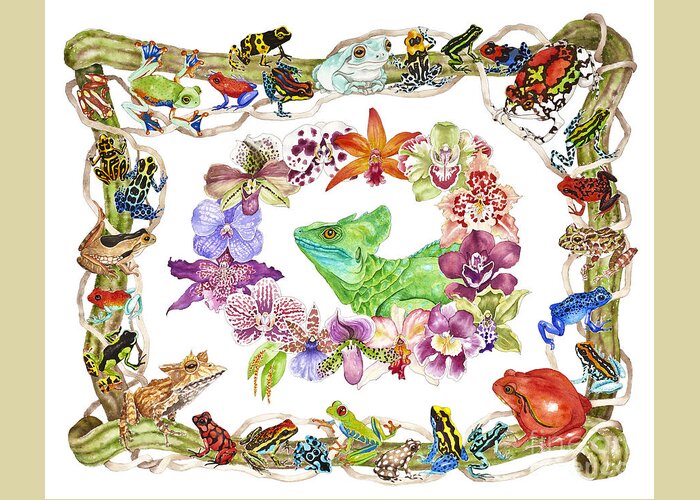 Frogs Greeting Card featuring the painting Basilisk, Orchids, Frogs by Lucy Arnold