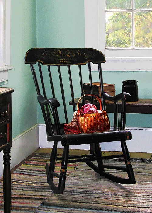 Rocking Chair Greeting Card featuring the photograph Basket of Yarn on Rocking Chair by Susan Savad