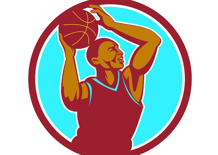 Basketball Greeting Card featuring the digital art Basketball Player Rebounding Ball Circle Retro by Aloysius Patrimonio