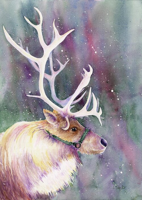 Reindeer Greeting Card featuring the painting Basking in the Lights by Lori Taylor