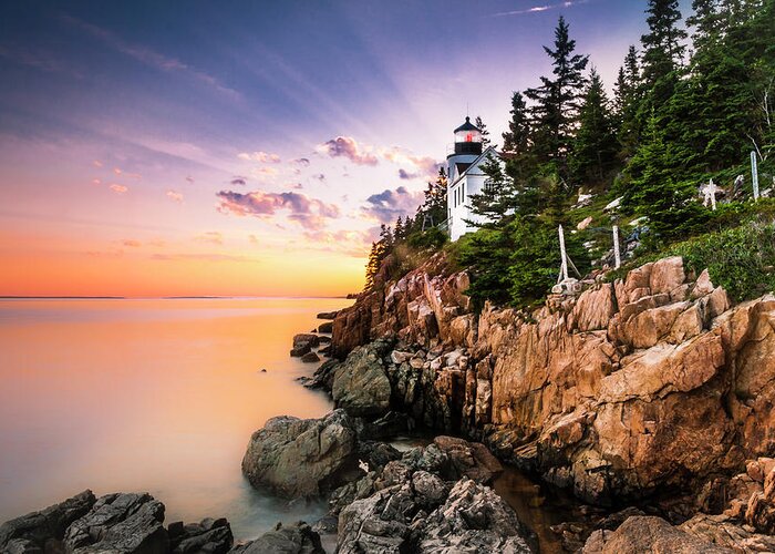 Sunset At Bass Harbor Lighthouse In Acadia Maine Greeting Card featuring the photograph Bass Harbor Lighthouse Sunset by Ranjay Mitra