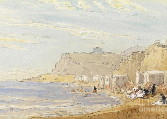 James Holland Bathing Huts On The Beach At Eastbourne. Sea Greeting Card featuring the painting Bathing Huts On The Beach At Eastbourne by MotionAge Designs