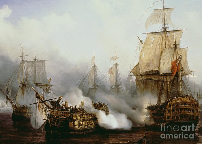 Battle Of Trafalgar By Louis Philippe Crepin Greeting Card featuring the painting Battle of Trafalgar by Louis Philippe Crepin
