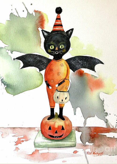 Bat Greeting Card featuring the painting Batty Vintage Cat by Hilda Vandergriff