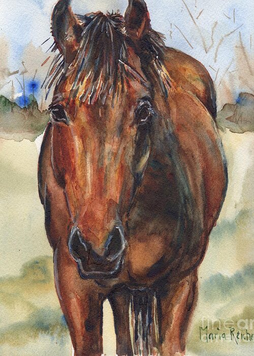 Horse Painting Greeting Card featuring the painting Bay horse painting in watercolor by Maria Reichert