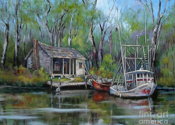 Louisiana Bayou Camp Greeting Card featuring the painting Bayou Shrimper by Dianne Parks
