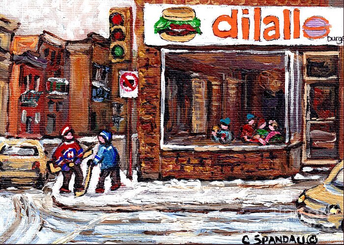 Original Montreal Paintings For Sale Greeting Card featuring the painting Scenes De Rue De Montreal St Henri Partie De Hockey En Hiver Hockey At Dilallo's Burger by Carole Spandau