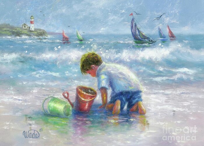 Little Beach Boy Greeting Card featuring the painting Beach Boy Sand and Sailboats by Vickie Wade