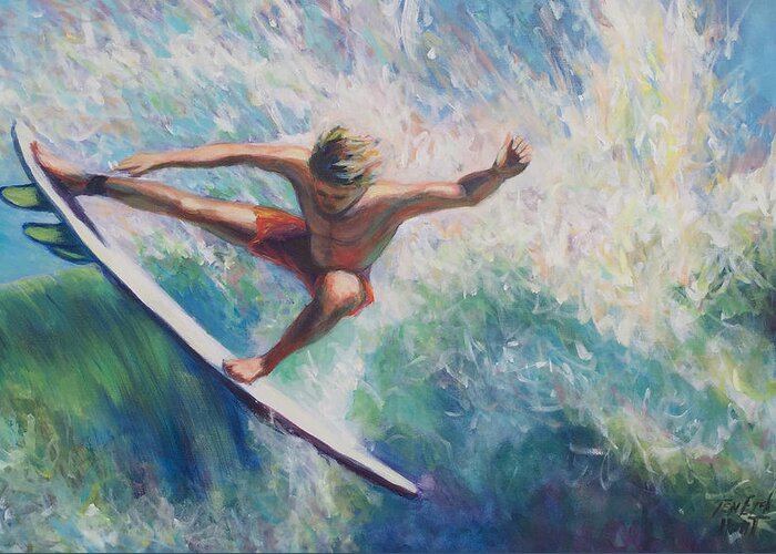 Surfer Greeting Card featuring the painting Beach Comber series, Surfer 1 by Gretchen Ten Eyck Hunt