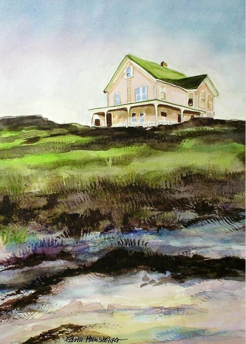 Beach Greeting Card featuring the painting Beach House Block Island by Edith Hunsberger