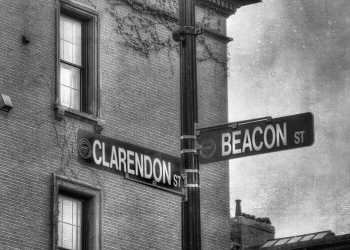  Greeting Card featuring the photograph Beacon Street Sign Boston Back Bay Urban Scene in Black and White by Joann Vitali