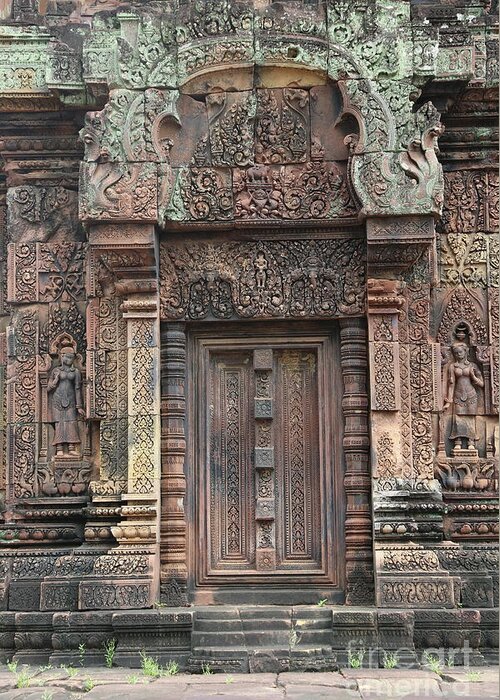 Ancient Greeting Card featuring the photograph Beautiful Door Entrance 10th Century Cambodia Architecture by Chuck Kuhn