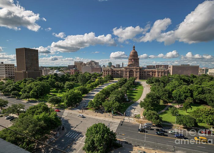 The Texas Capitol Greeting Card featuring the photograph Beautiful wide shot view of the State of Texas Capitol grounds south west-view including the Westgate Tower by Dan Herron