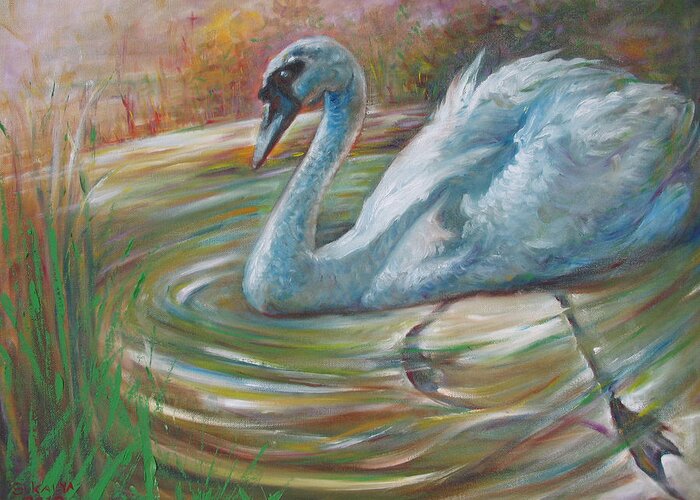 Swan Greeting Card featuring the painting Beauty in The Battle by Sukalya Chearanantana
