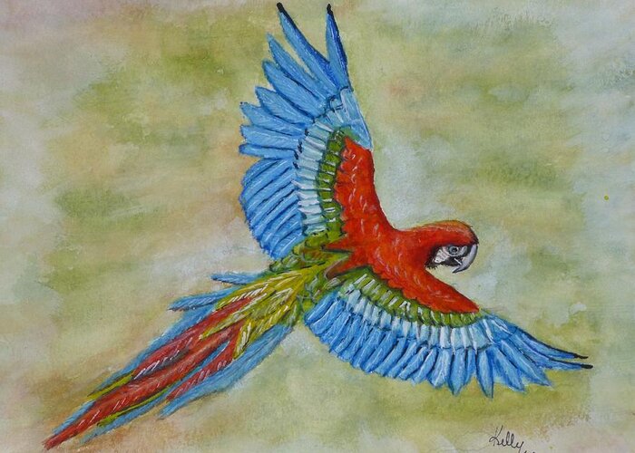 Parrot Greeting Card featuring the painting Beauty in the Sky ... Parrot by Kelly Mills