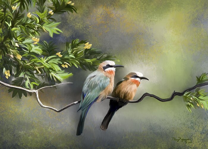 Bird Greeting Card featuring the digital art Bee-Eater Birds by Thanh Thuy Nguyen