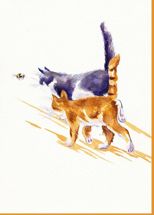 Cat Greeting Card featuring the painting Bee Stalking - Two Cats by Debra Hall