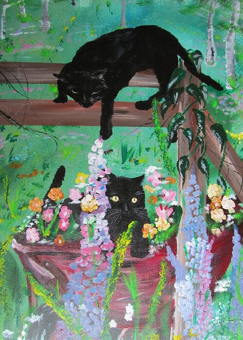 Black Cats Greeting Card featuring the painting Bella and Rufus by Susan Voidets