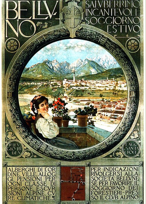 Vintage Greeting Card featuring the mixed media Belluno, Italy - Dolomites - Vintage Italian Travel Poster by Studio Grafiikka