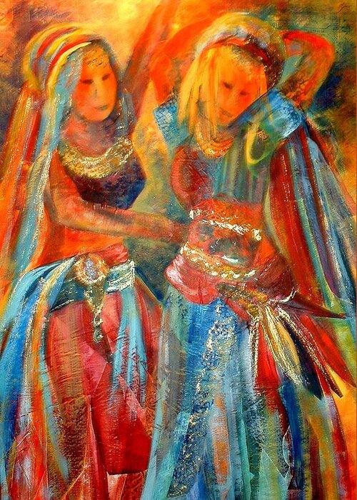  Women Greeting Card featuring the painting Belly Dancers by Patricia Rachidi