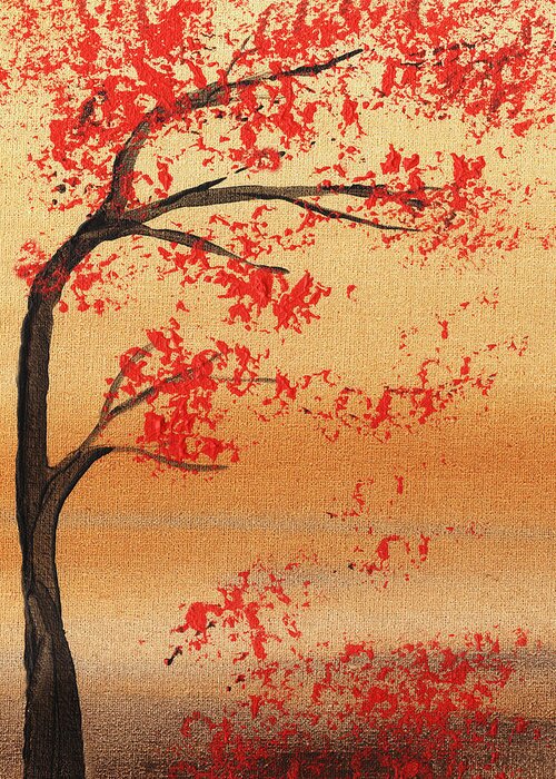 Red Greeting Card featuring the painting Bending Tree Abstract by Irina Sztukowski
